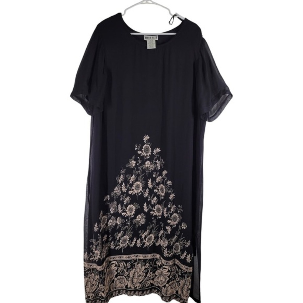 Donna Ricco Shift Dress Womens 22 Black Floral Border Print Sheer Rayon Overlay
